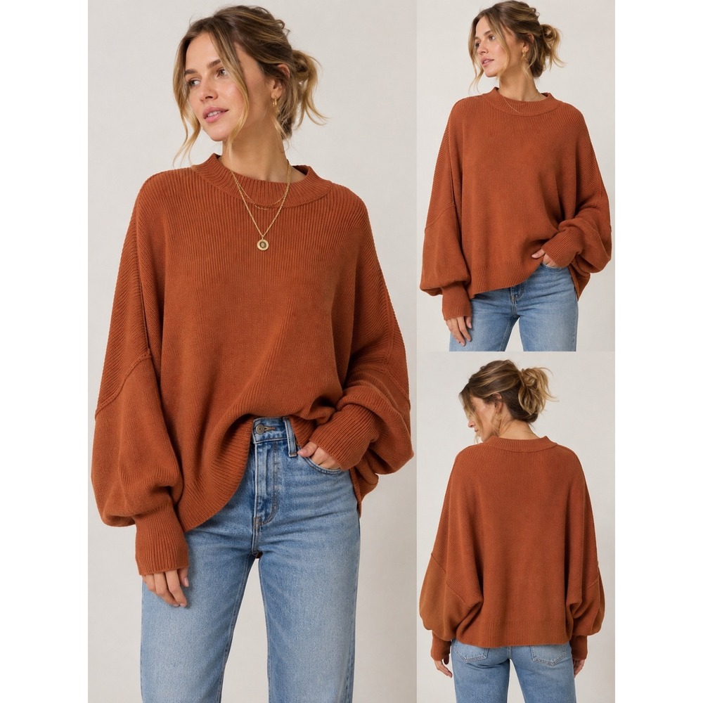 Free People Ottoman Slouchy Tunic Sweater Rust Orange Ribbed Mock Neck XS